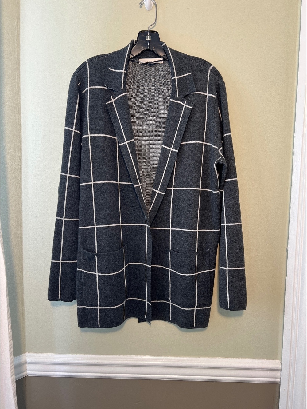 LOFT Gray Windowpane Open Front Cardigan Sweater Size Large